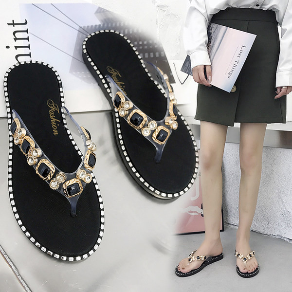 Papuci de vara cu talpa plate si pietre de decor