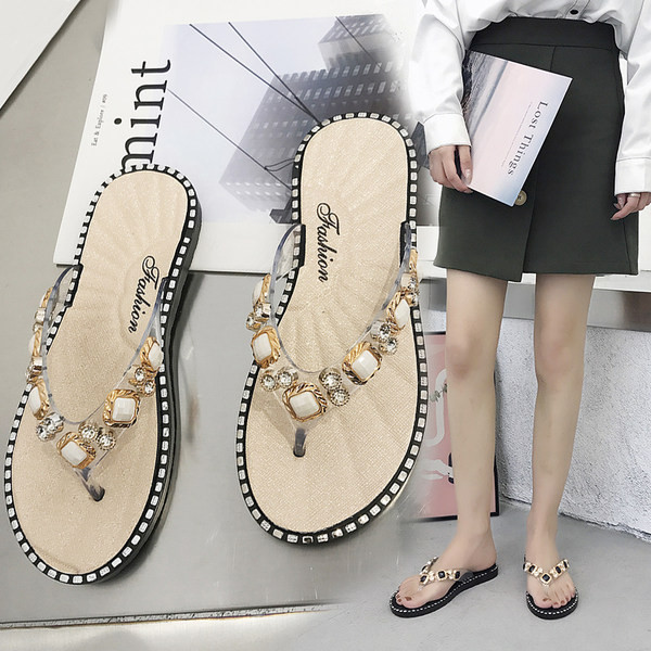 Papuci de vara cu talpa plate si pietre de decor