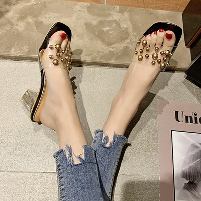 Papuci de dama moderni cu perle si toc patrat de 7 cm