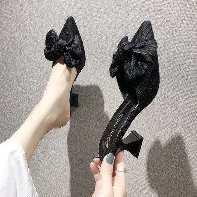 Papuci moderni de dama ascutit cu panglica si toc-6 cm