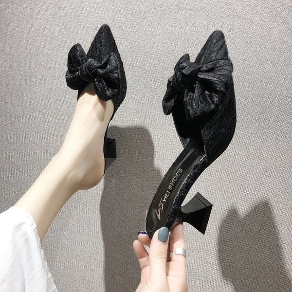 Papuci moderni de dama ascutit cu panglica si toc-6 cm