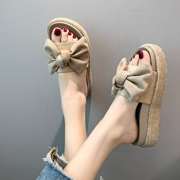 Papuci dama cu platforma inalta si panglica