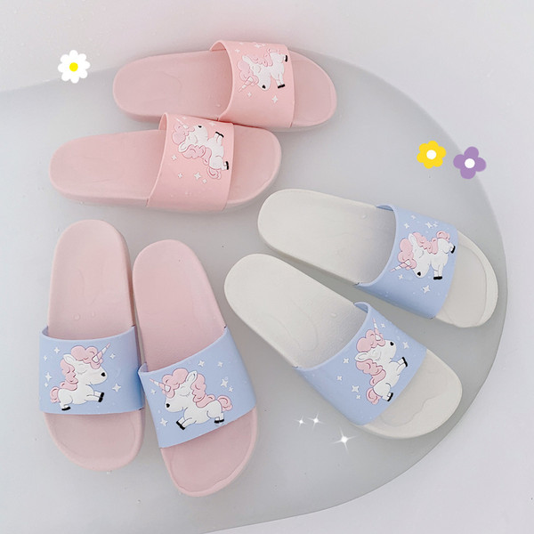 Papuci de dama din silicon cu unicorni in albastru, roz si alb