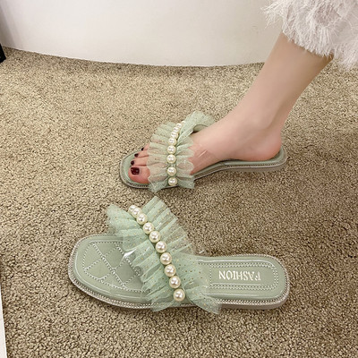 Papuci patrati dama cu perle din dantela si pietre decorative