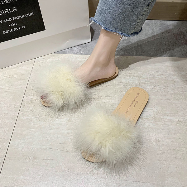 Papuci de damă cu puf și talpă plată mai multe culori