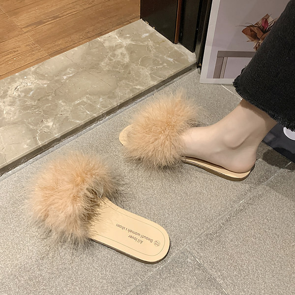 Papuci de damă cu puf și talpă plată mai multe culori