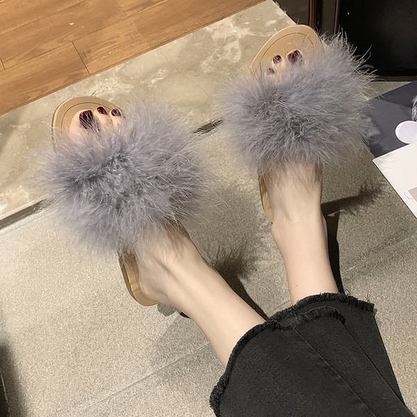 Papuci de damă cu puf și talpă plată mai multe culori