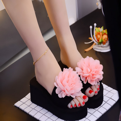 Papuci dama cu floare 3D si platforma de 6 cm