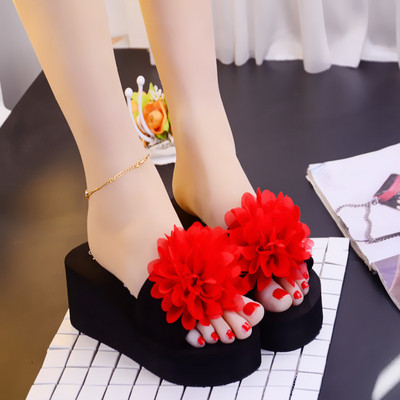 Papuci dama cu floare 3D si platforma de 6 cm