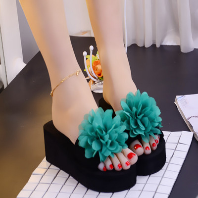 Papuci dama cu floare 3D si platforma de 6 cm