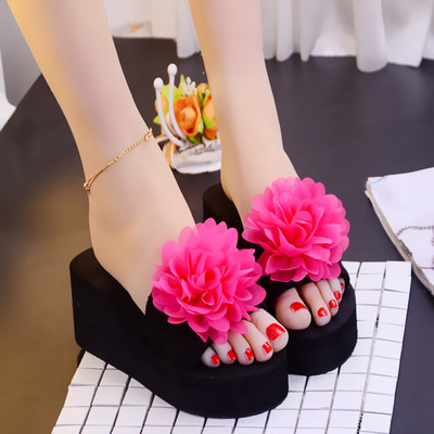 Papuci dama cu floare 3D si platforma de 6 cm