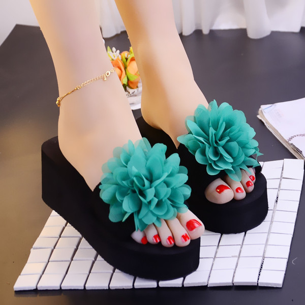 Papuci dama cu floare 3D si platforma de 6 cm