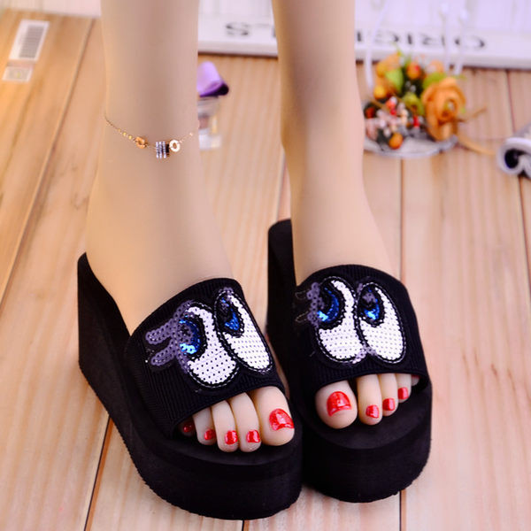 Papuci casual dama cu paiete si platforma de 6 cm