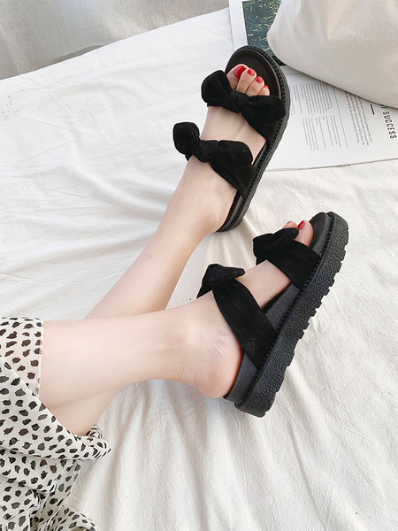 Papuci dama din piele intoarsa cu panglica