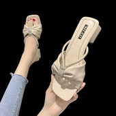 Papuci de dama din piele ecologica cu toc mic gros si pietre de decor