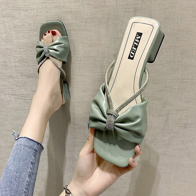 Papuci de dama din piele ecologica cu toc mic gros si pietre de decor