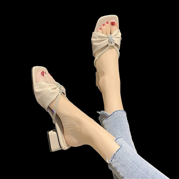 Papuci de dama din piele ecologica cu toc mic gros si pietre de decor