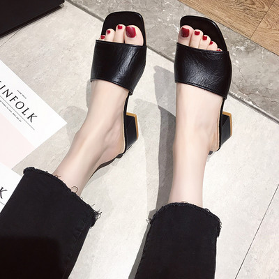 Papuci de dama din piele cu toc gros