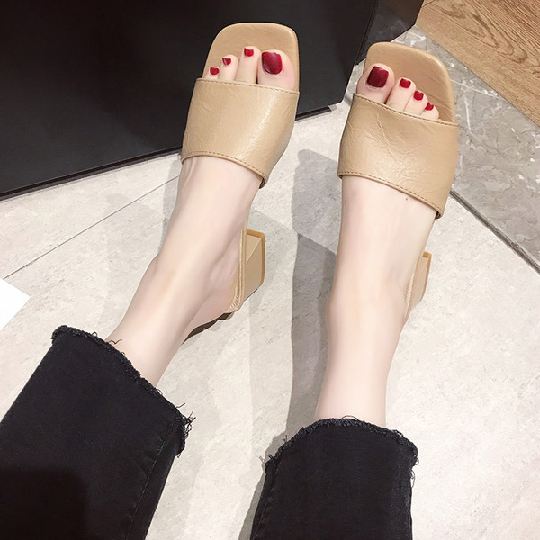 Papuci de dama din piele cu toc gros