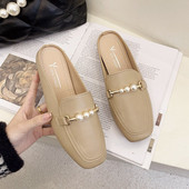 Sieviešu atsperu čības noapaļots modelis no eko ādas ar pērlēm