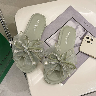 Papuci de dama cu talpa plata decorati cu tul si panglica