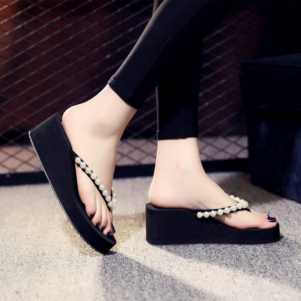 Sieviešu čības starp pirkstiem ar pērlēm - 3 vai 6 cm platforma