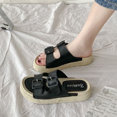 Papuci de dama cu catarama si platforma inalta din piele ecologica