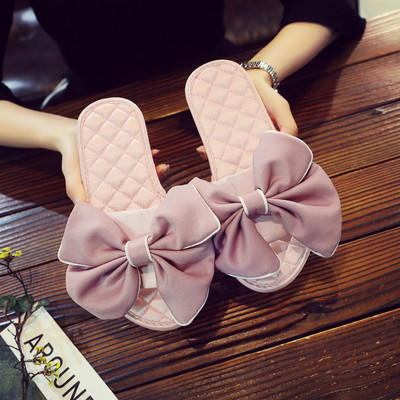 Papuci casual de damă cu talpă plată și decor panglică