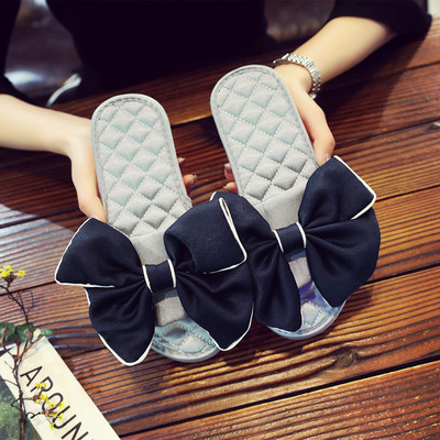 Papuci casual de damă cu talpă plată și decor panglică