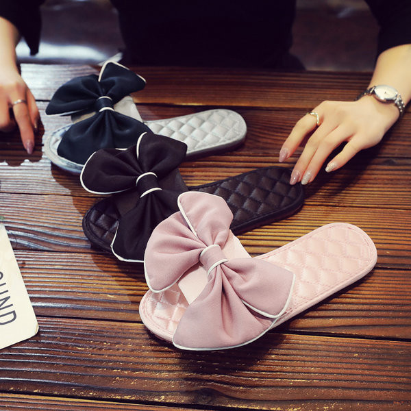 Papuci casual de damă cu talpă plată și decor panglică