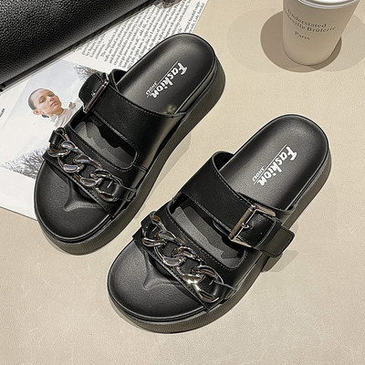 Papuci dama cu catarama si element metalic din piele ecologica