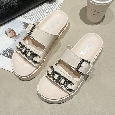 Papuci dama cu catarama si element metalic din piele ecologica