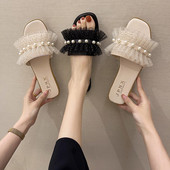 Papuci de dama moderni cu perle si tul in doua culori