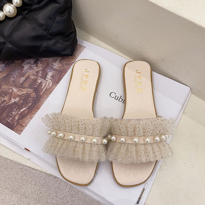 Papuci de dama moderni cu perle si tul in doua culori