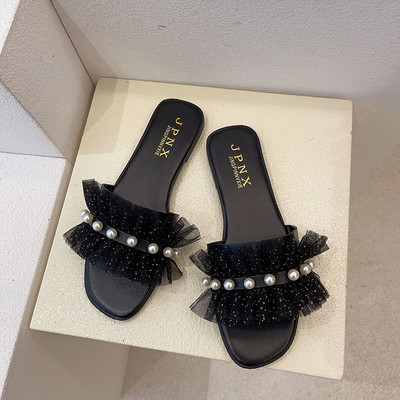 Papuci de dama moderni cu perle si tul in doua culori