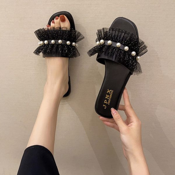 Papuci de dama moderni cu perle si tul in doua culori