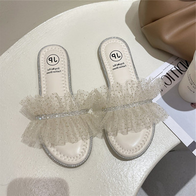 Papuci de dama cu talpa plata si decor tul si pietre