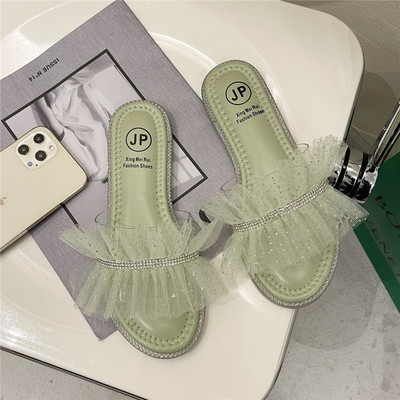 Papuci de dama cu talpa plata si decor tul si pietre