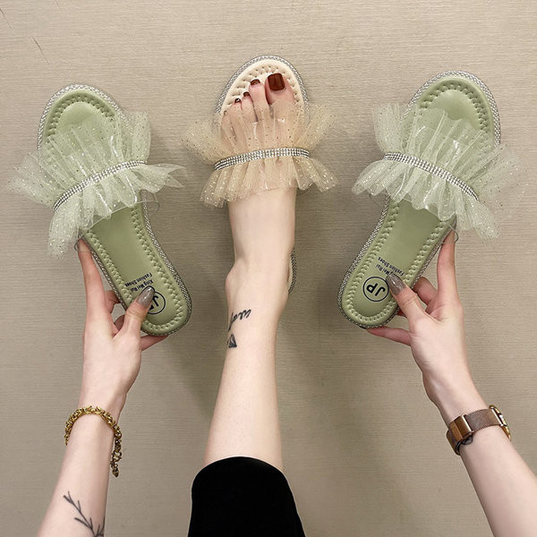 Papuci de dama cu talpa plata si decor tul si pietre