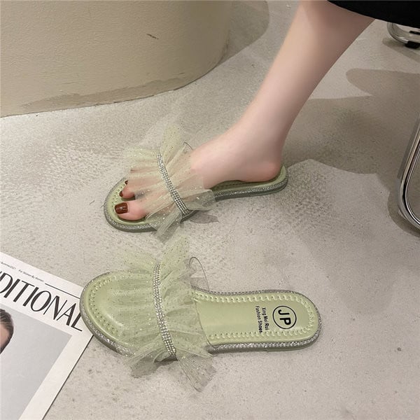 Papuci de dama cu talpa plata si decor tul si pietre