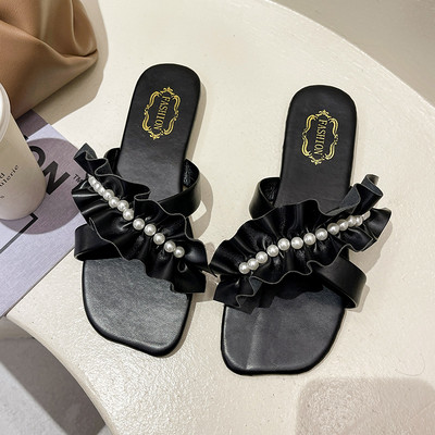 Papuci casual cu talpa plate, bucle si perle