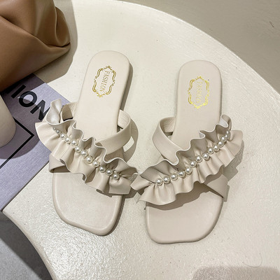 Papuci casual cu talpa plate, bucle si perle