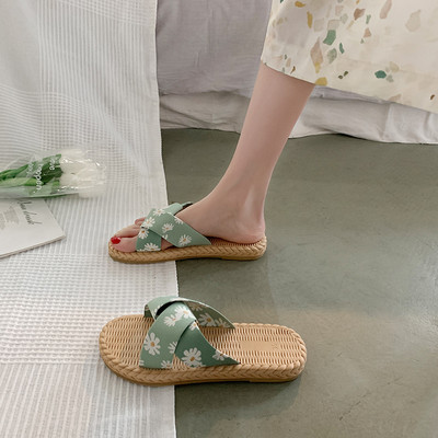 Papuci casual cu bretele încrucișate și aplicații cu flori-pentru femei