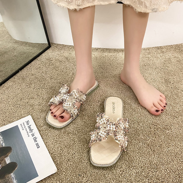 Papuci patrati dama cu perle si pietre decorative