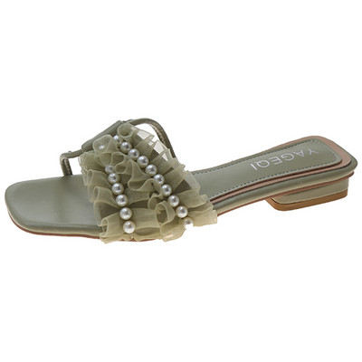 Papuci casual dama cu dantela si perle