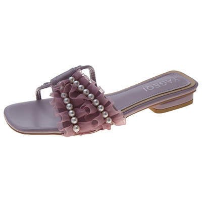 Papuci casual dama cu dantela si perle