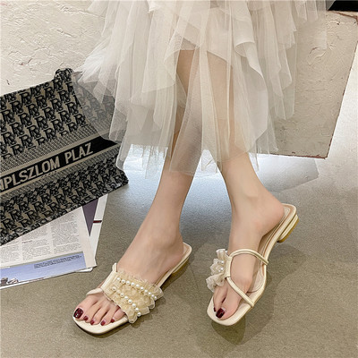 Papuci casual dama cu dantela si perle