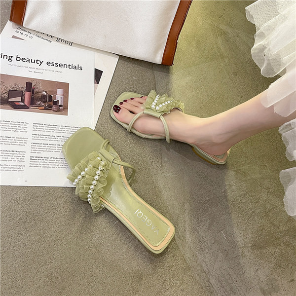 Papuci casual dama cu dantela si perle