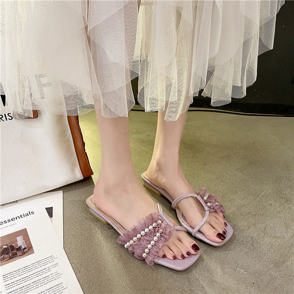 Papuci casual dama cu dantela si perle