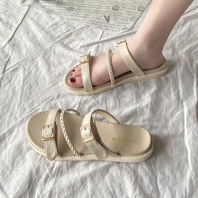 Papuci de dama cu catarama din imitatie de piele doua culori